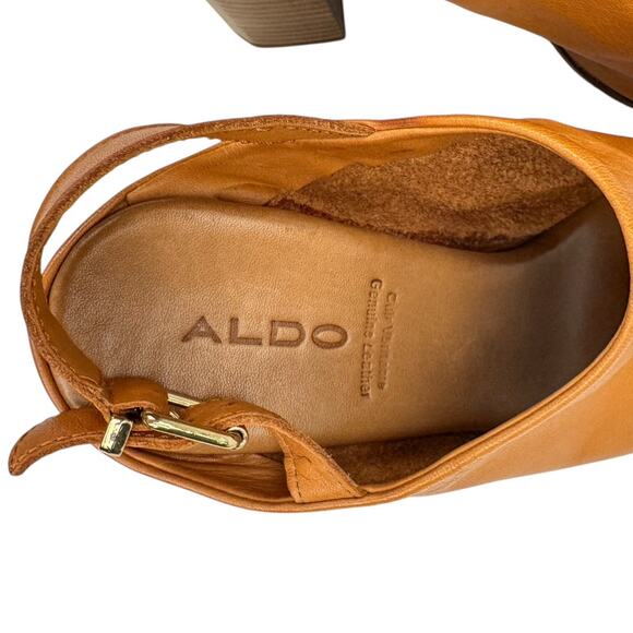 Aldo Tan Leather Open Toe Block High Heel Slingback Sandals Sz 6.5 Comfort Soft - Picture 6 of 14